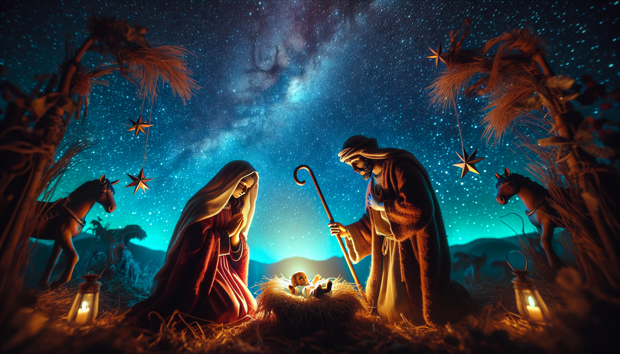 alt_text: A vibrant nativity scene artwork, showcasing Mary, Joseph, and baby Jesus under a starlit sky.