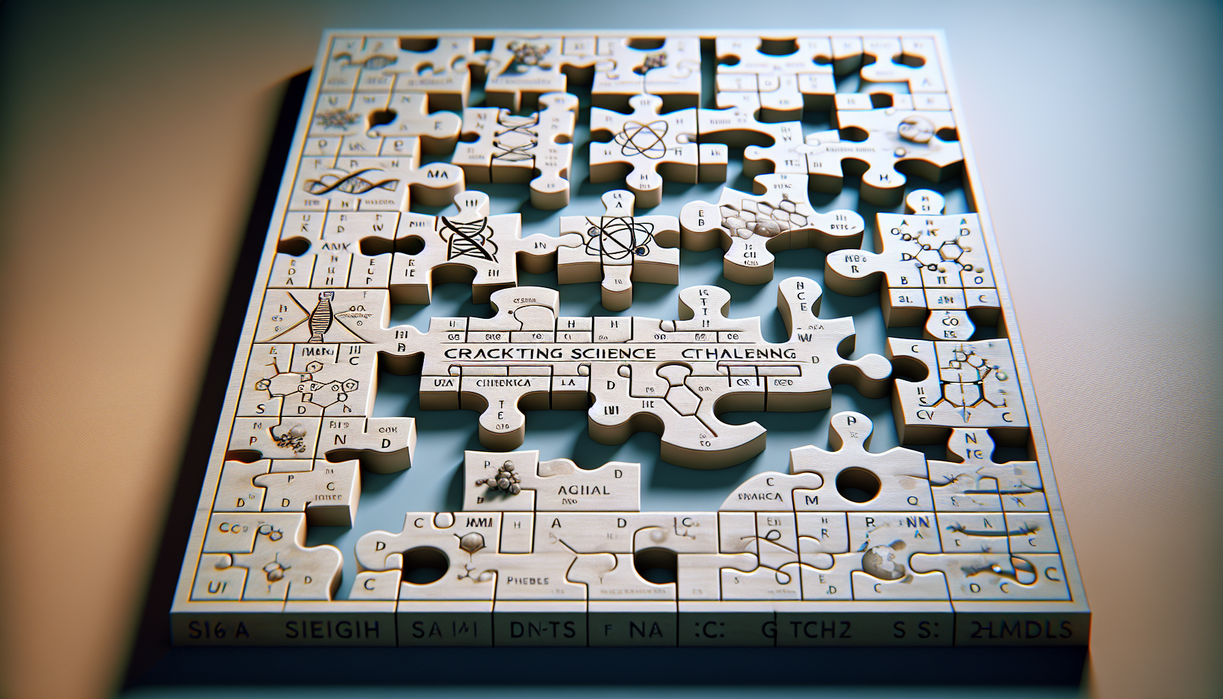 alt_text: Puzzle pieces with scientific symbols and crosswords, labeled "Cracking the Science Challenge."
