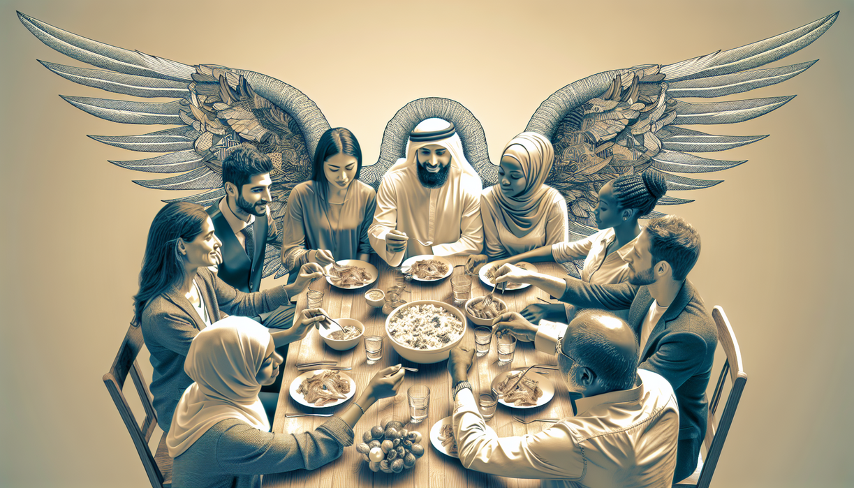 alt_text: Diverse people sharing a meal, symbolizing community; with abstract wing designs above.