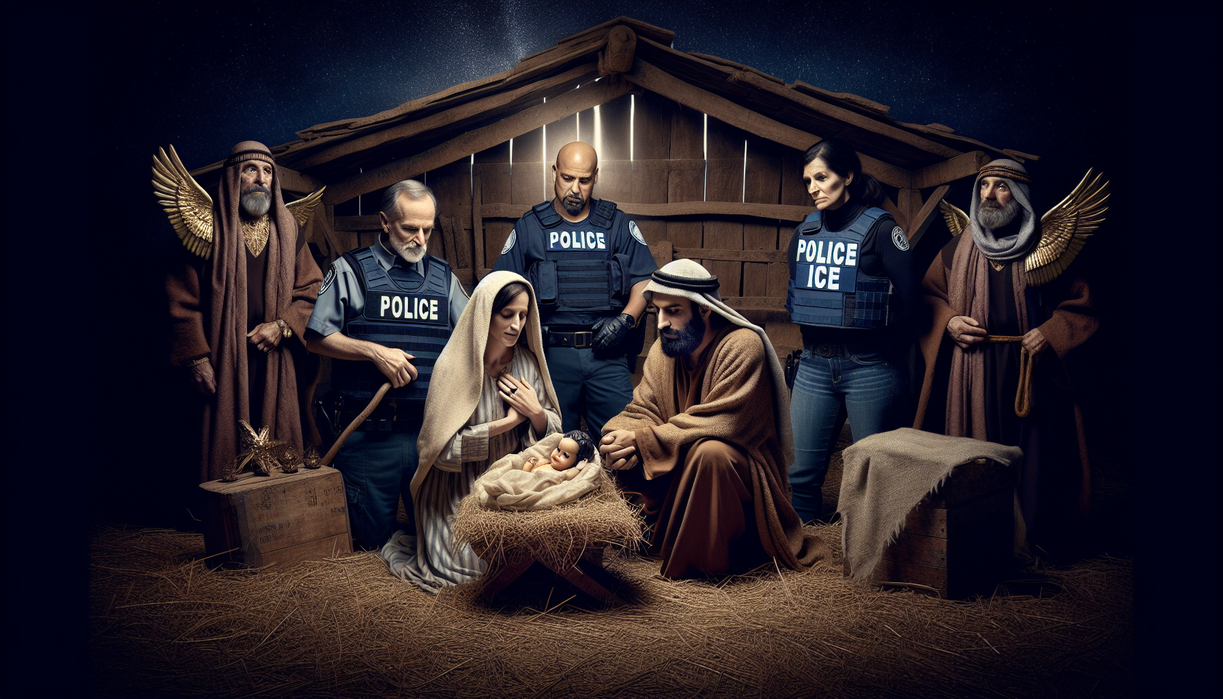 alt_text: Satirical scene of Nativity with Jesus encountering ICE agents, blending news and tradition.