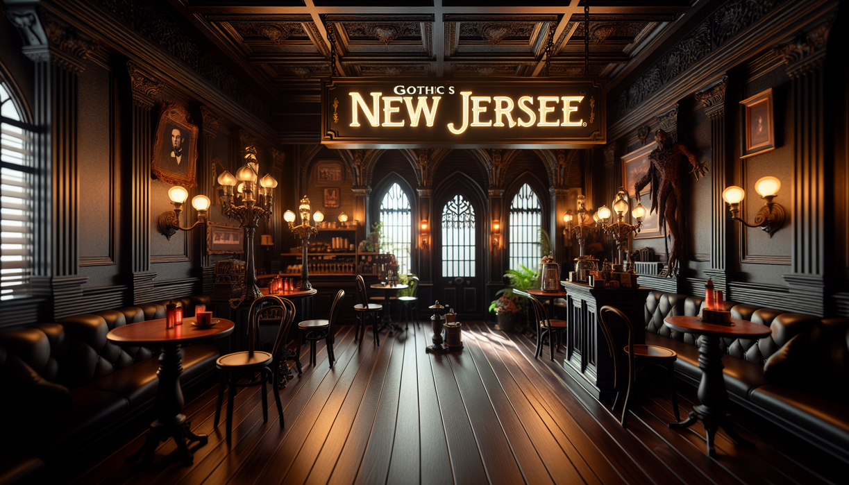 alt_text: "Dimly lit gothic café with dark decor, shadows, and eerie ambiance in New Jersey."