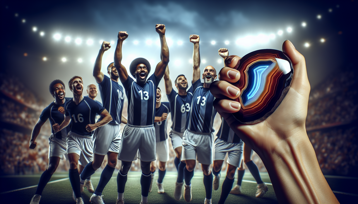 alt_text: "Warriors celebrate holding a polished agate, signifying their glowing victory."