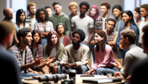 alt_text: A diverse group of young people discusses ideas at a National Grid Youth Council meeting.