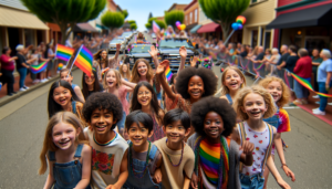 alt_text: Colorful parade featuring joyful children and vibrant Pride decorations in Humboldt.