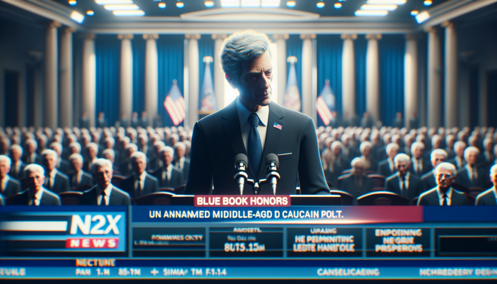 alt_text: Governor Bill Lee in a formal setting, addressing Blue Book Honors, surrounded by news graphics.