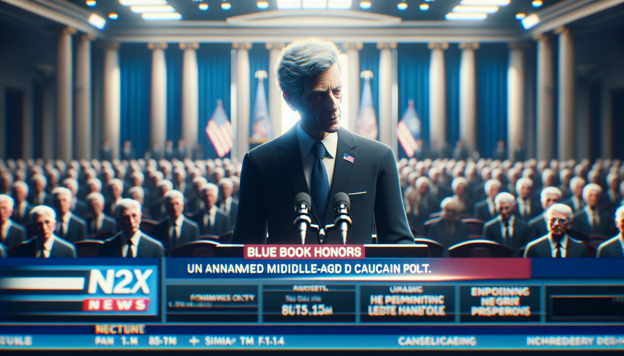 alt_text: Governor Bill Lee in a formal setting, addressing Blue Book Honors, surrounded by news graphics.