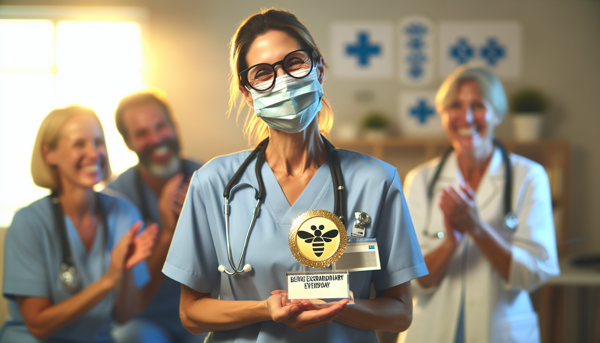alt_text: Healthcare workers smiling, holding awards, sign reads "Inspiring News: Honoring Heroes".