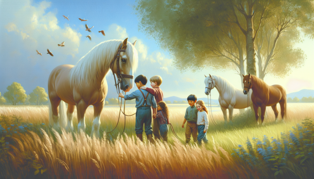 alt_text: Therapy horses interact with children, promoting emotional healing and connection.