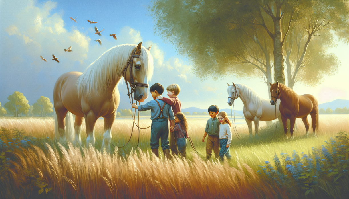 alt_text: Therapy horses interact with children, promoting emotional healing and connection.