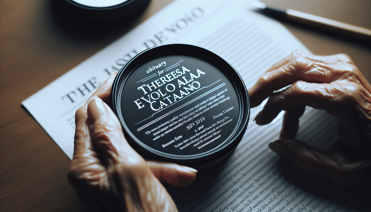 alt_text: Obituary headline for Theresa Evola Catalano, described as a love letter tribute.