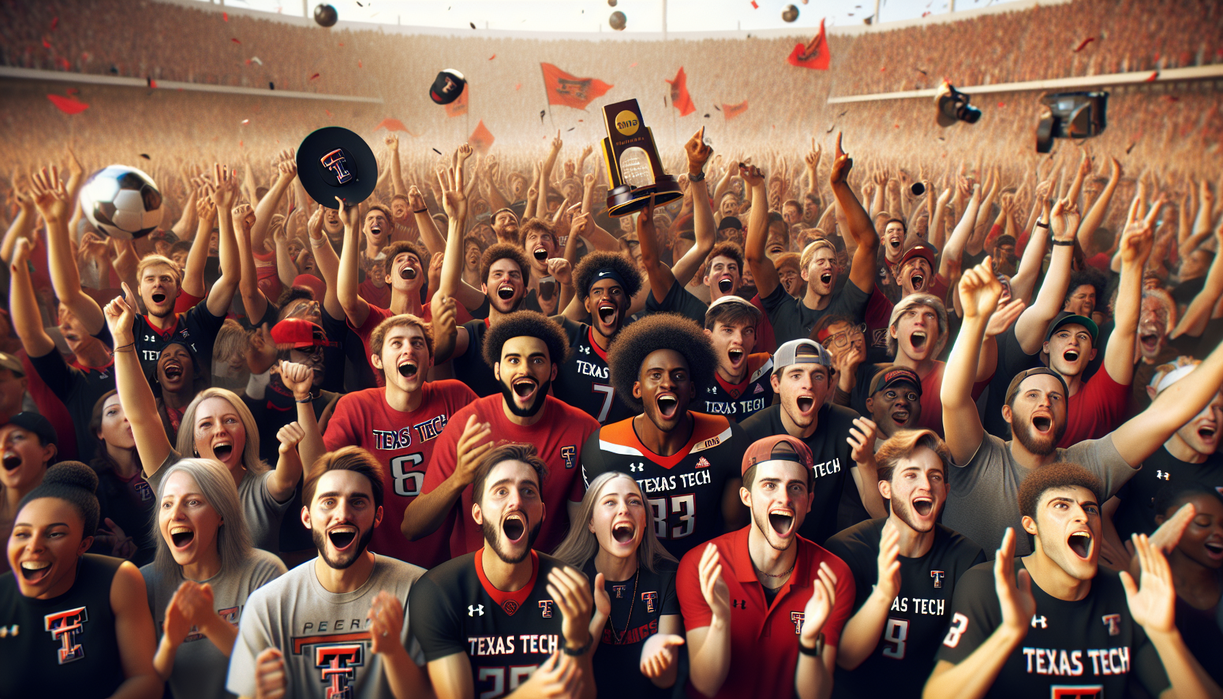 alt_text: Texas Tech celebrates victory in their title-winning season, players and fans in jubilation.