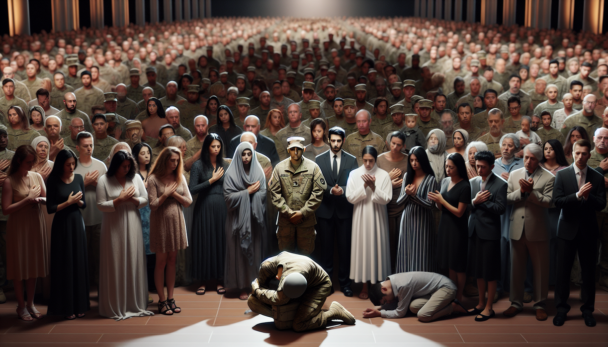 alt_text: Somber scene of a soldier's respectful return ceremony, surrounded by mourning loved ones.