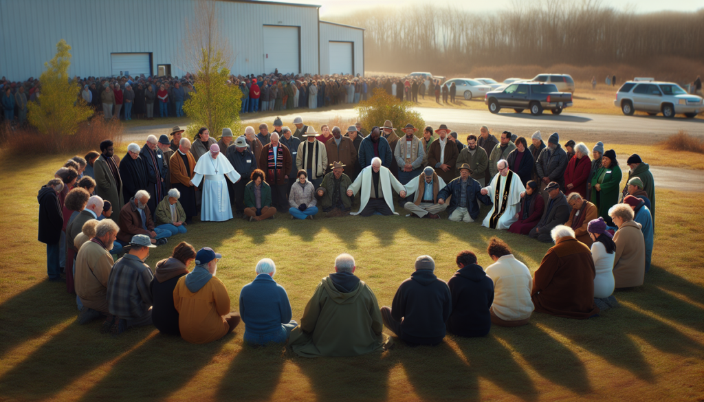 alt_text: A diverse crowd protests peacefully with signs blending religious and social justice messages.