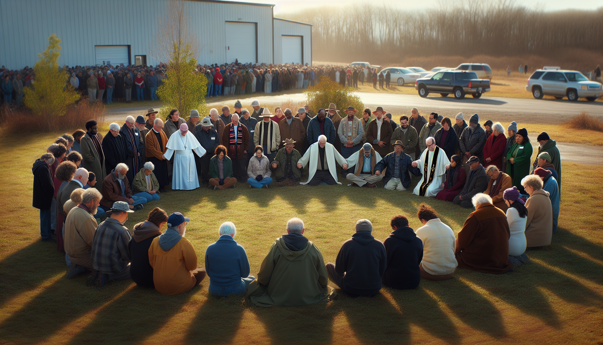 alt_text: A diverse crowd protests peacefully with signs blending religious and social justice messages.