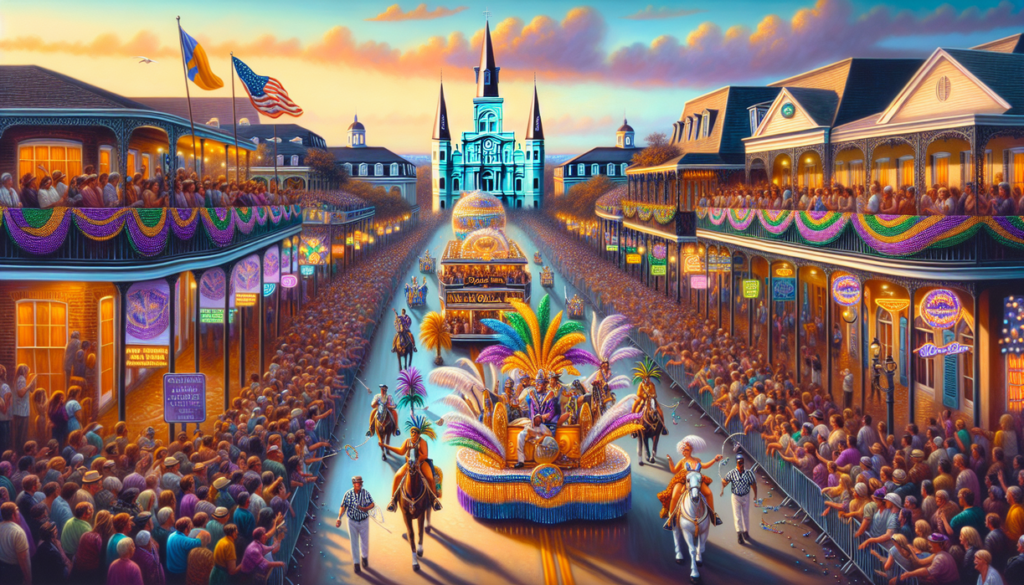 alt_text: Vibrant Mardi Gras parade with colorful floats and lively crowds celebrating in the streets.