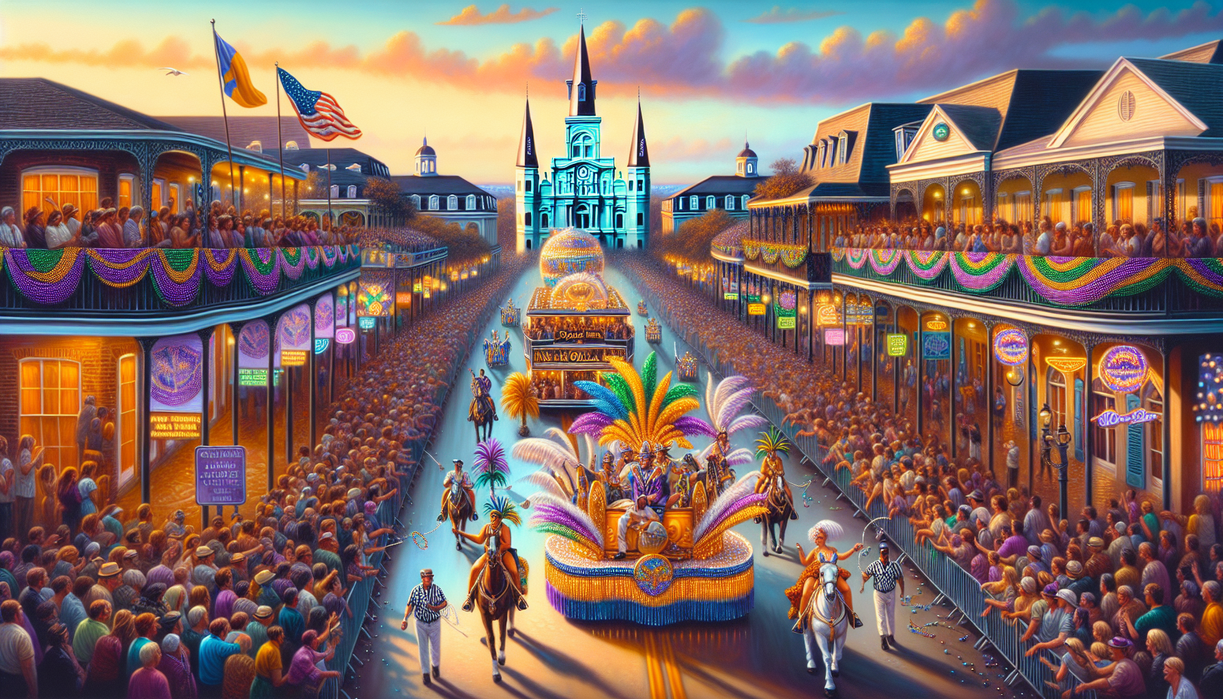 alt_text: Vibrant Mardi Gras parade with colorful floats and lively crowds celebrating in the streets.