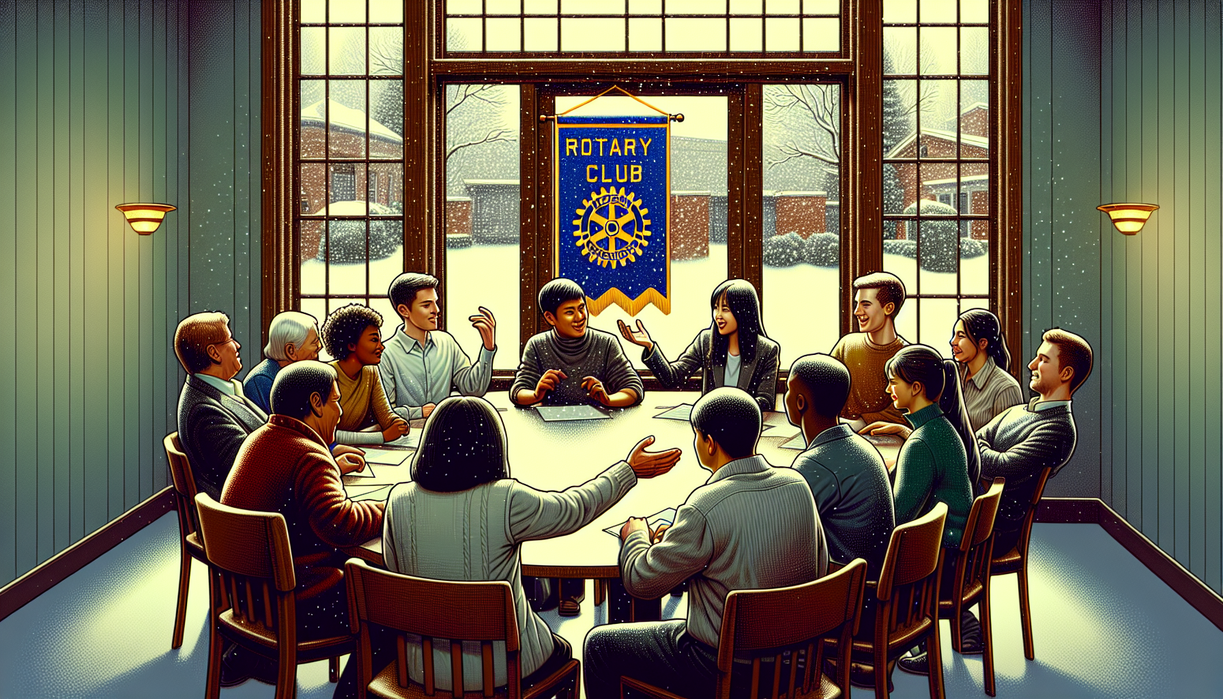 alt_text: Group of young people speaking at a Rotary event podium, sharing insights and ideas.