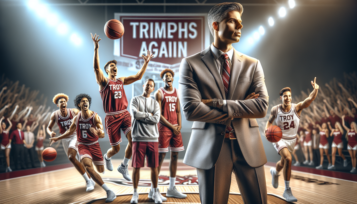 alt_text: Troy celebrates a triumphant moment in Sun Belt sports with vibrant team spirit and victory.