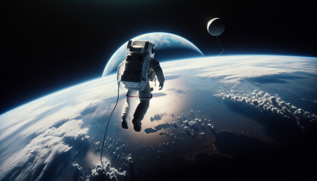 alt_text: A person in a spacesuit leaps from a high-altitude platform with Earth in the background.
