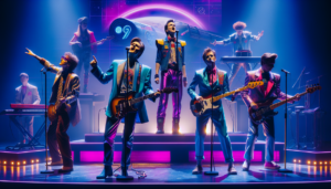 alt_text: A watch with a futuristic design shows time travel features and digital content options.