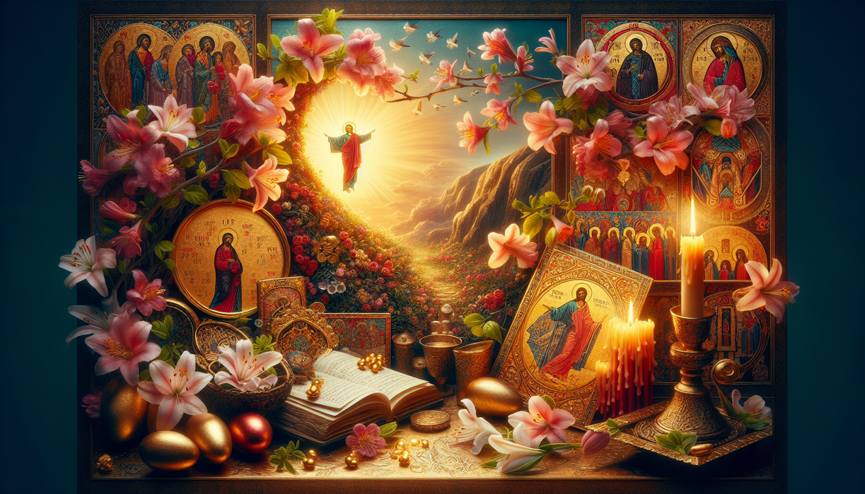 alt_text: A sunrise over a blooming garden, symbolizing resurrection and renewal during Easter.