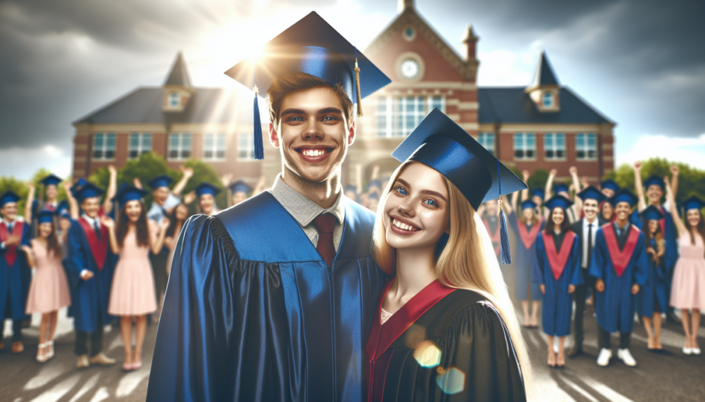 alt_text: A diverse group of graduates celebrating with caps in the air under a banner reading "Voices Shaping Graduation".