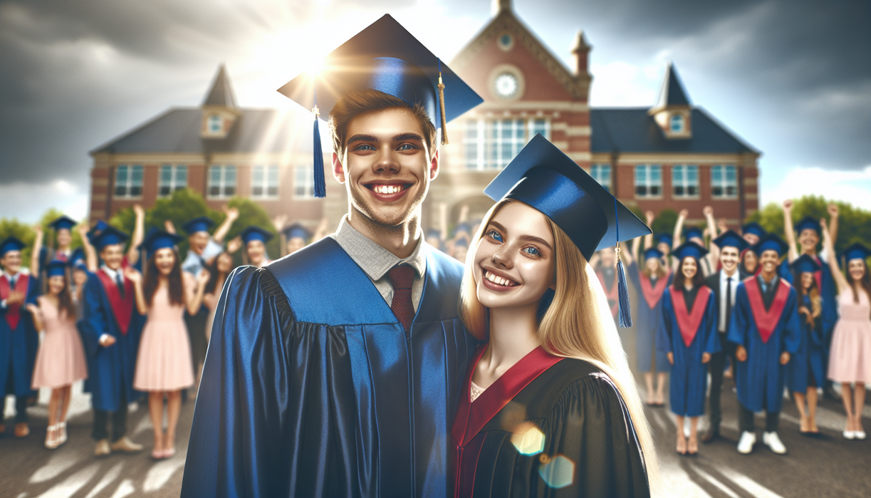 alt_text: A diverse group of graduates celebrating with caps in the air under a banner reading "Voices Shaping Graduation".