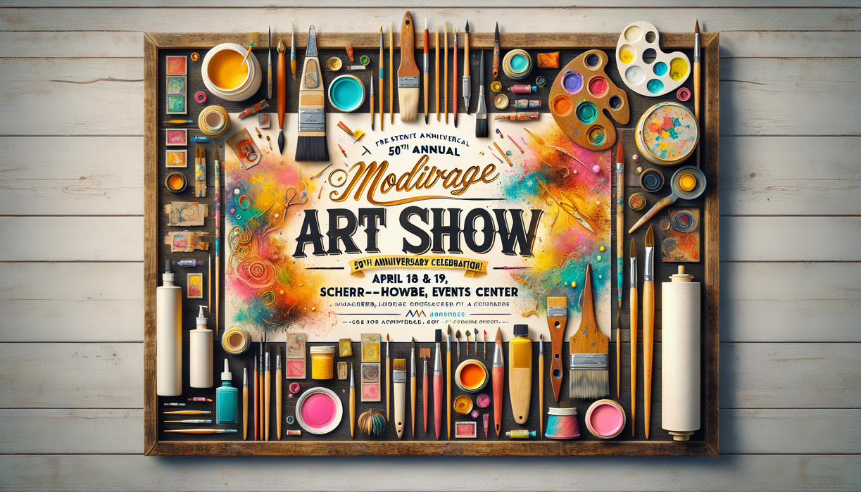 "alt_text": "Art show display with sculptures and paintings at Mobridge, titled 'Content That Connects'."