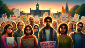 alt_text: Students rally with signs advocating to save their teachers and school from potential cuts.