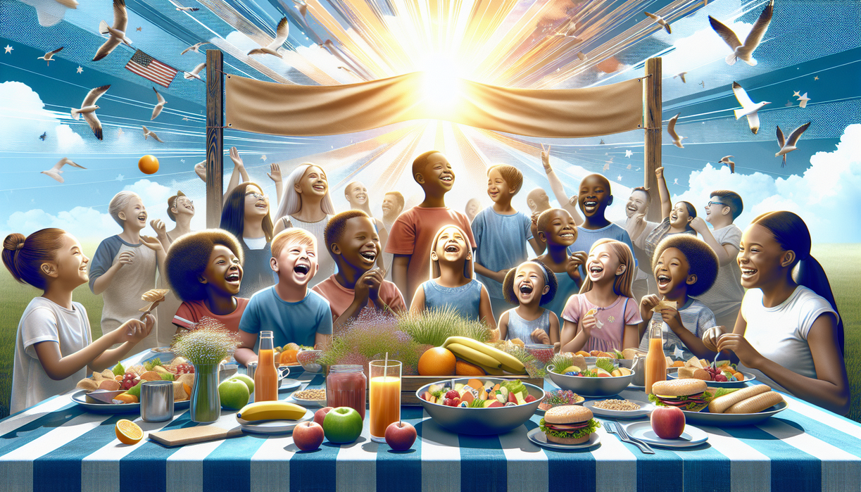 alt_text: People serving food at a community event with a "Free Summer Meals" banner in the background.